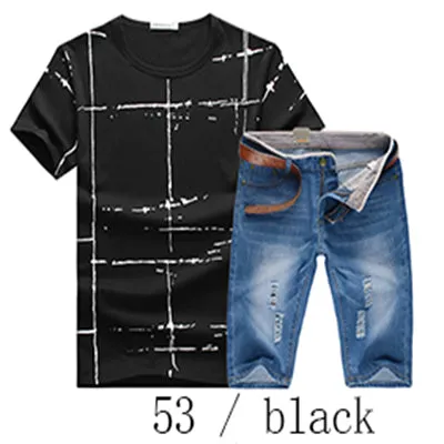 2017 New summer Denim shorts Brand Clothing  Tees and shorts Men (Tees Tops   shorts) Homme Sportswear 2 pieces Set Male shorts