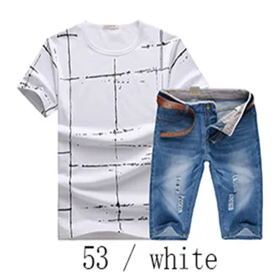 2017 New summer Denim shorts Brand Clothing  Tees and shorts Men (Tees Tops   shorts) Homme Sportswear 2 pieces Set Male shorts