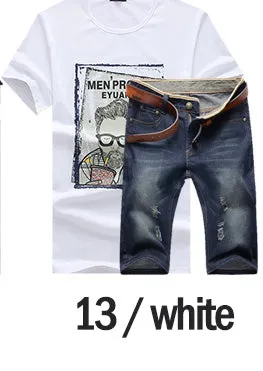 2017 New summer Denim shorts Brand Clothing  Tees and shorts Men (Tees Tops   shorts) Homme Sportswear 2 pieces Set Male shorts