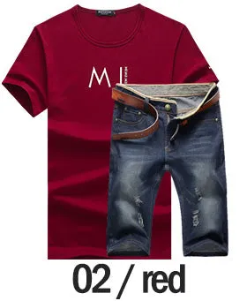 2017 New summer Denim shorts Brand Clothing  Tees and shorts Men (Tees Tops   shorts) Homme Sportswear 2 pieces Set Male shorts