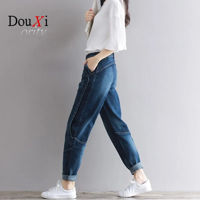 2017 Woman Jeans Plus Size Fashion Elastic Blue Women Mid Waist Casual Harem Jeans Female Cotton Harem Pants Loose Trousers