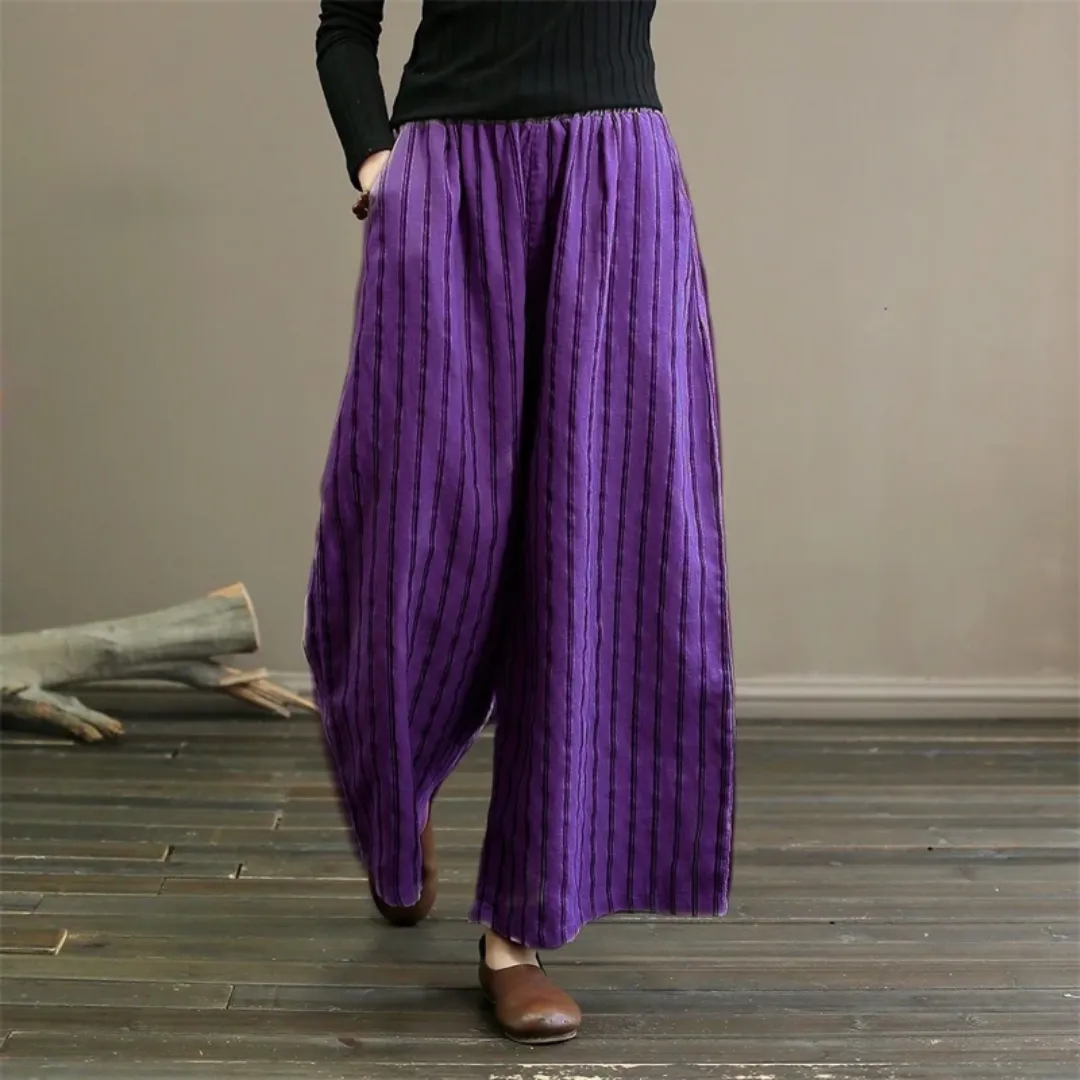 2024 Summer Vintage Striped Cotton Linen Beach Wide Leg Drawstring Trousers