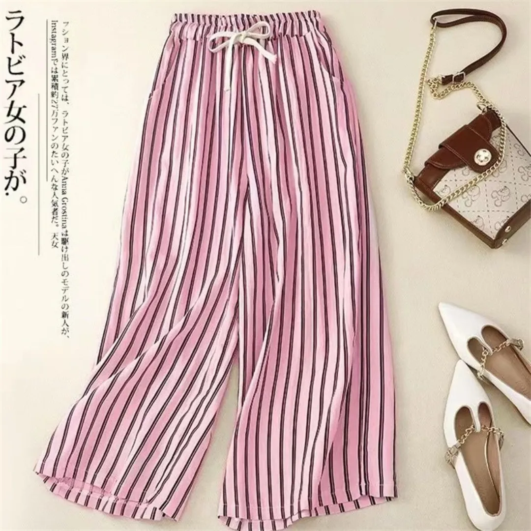 2024 Summer Vintage Striped Cotton Linen Beach Wide Leg Drawstring Trousers