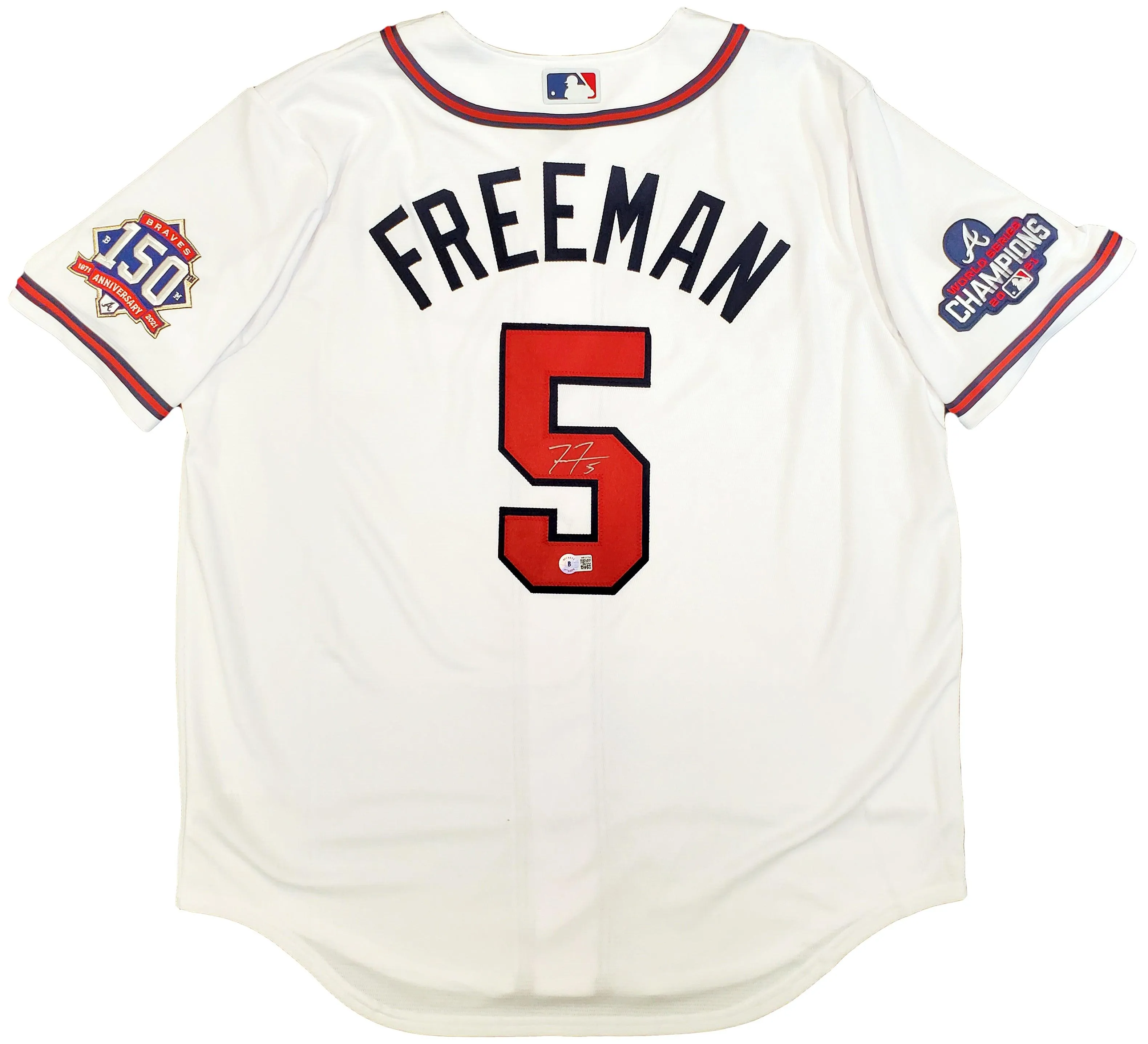 Atlanta Braves Freddie Freeman Autographed White Nike Jersey World Series Patch Size L Beckett BAS QR Stock #200885