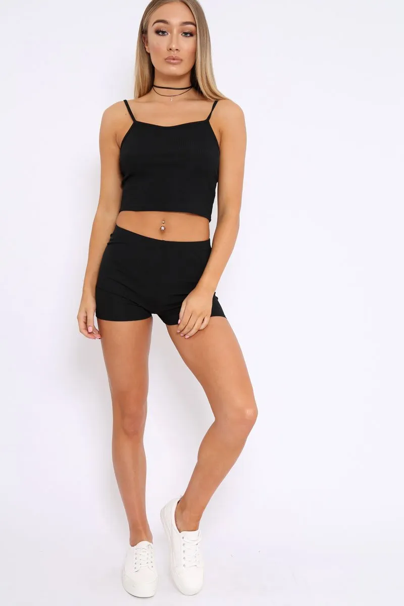 Black Ribbed Crop Top and Shorts Co-ord Set - Jenara