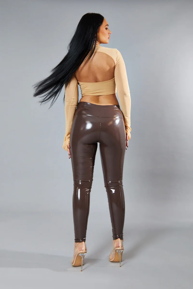 Brown Shiny Vinyl Pu Leggings - Kalai