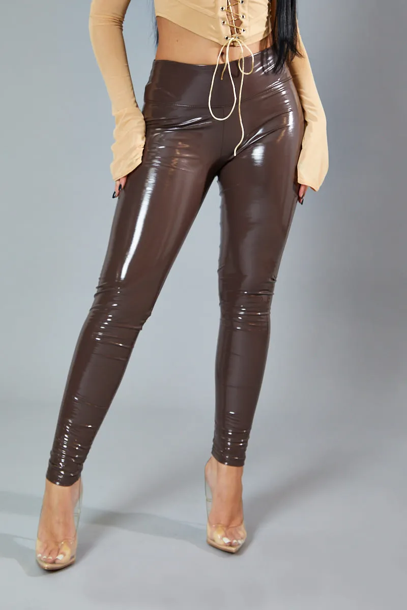 Brown Shiny Vinyl Pu Leggings - Kalai