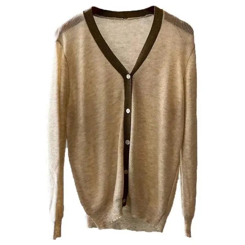 Contrasting Color Knit Cardigan Women's V-neck Thin Color