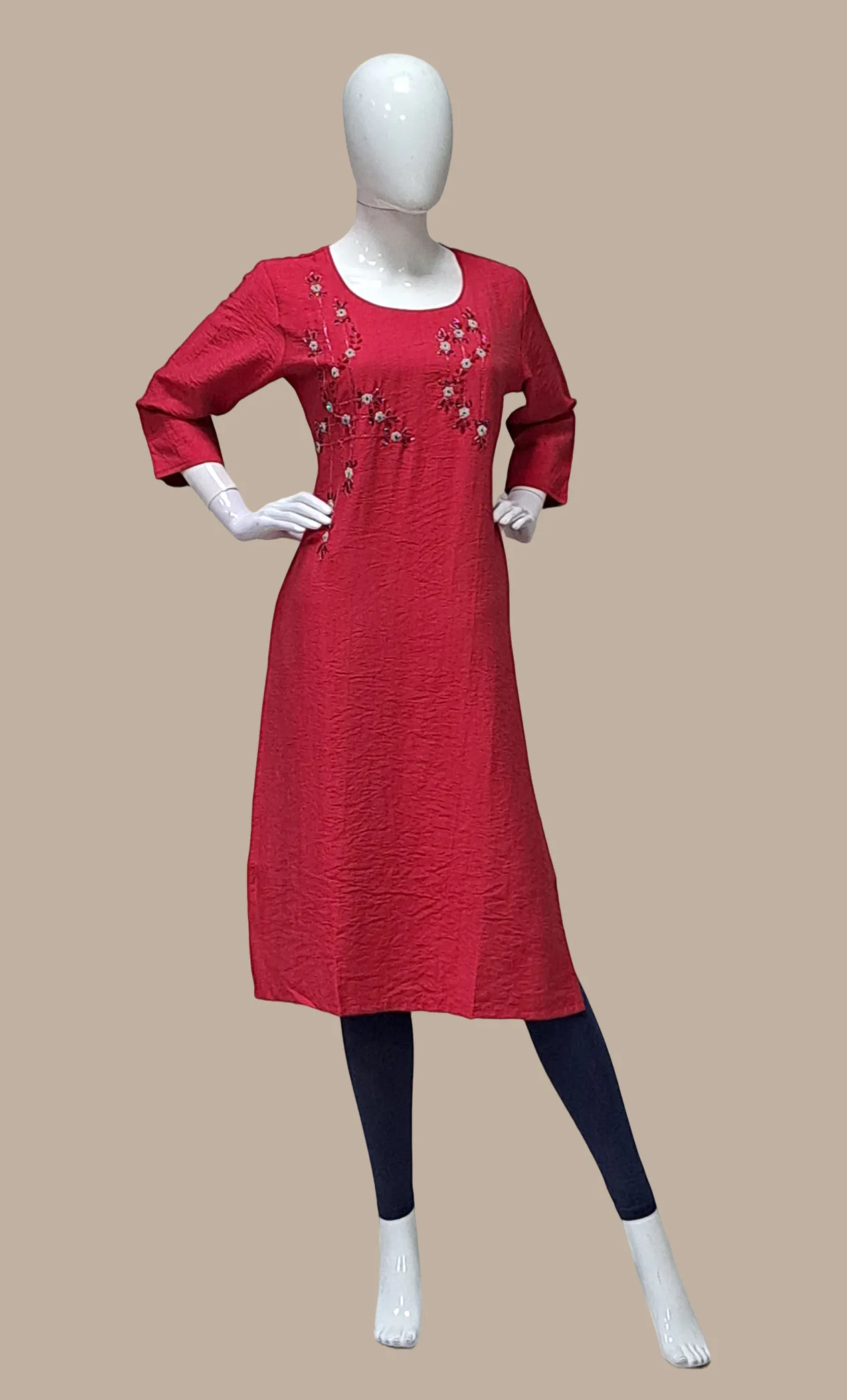 Dark Coral Embroidered Kurti Top