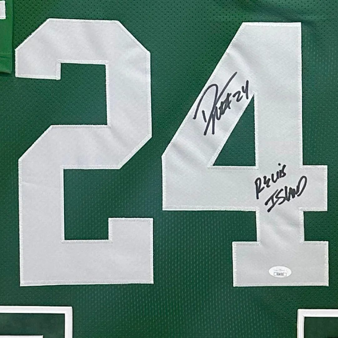 Darrelle Revis Signed Revis Island New York Green Custom Double-Suede Framed football Jersey (JSA)