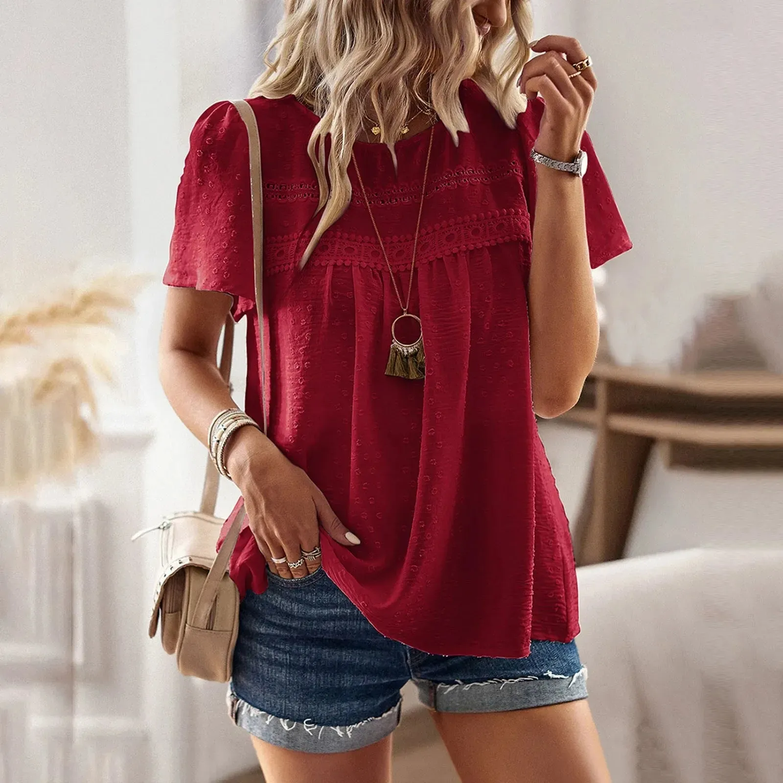 Elegant Lace Crochet O-neck Sleeve Summer New Temperament All-match T-shirt