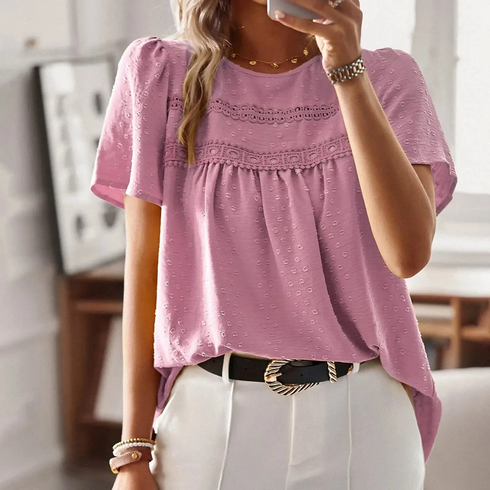 Elegant Lace Crochet O-neck Sleeve Summer New Temperament All-match T-shirt