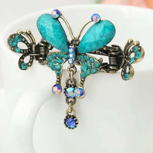 Elegant Women Turquoise Butterfly Flower Hairpins Vintage Hair Barrettes Clip Crystal Butterfly Bow Hair Clip Hair Accessories