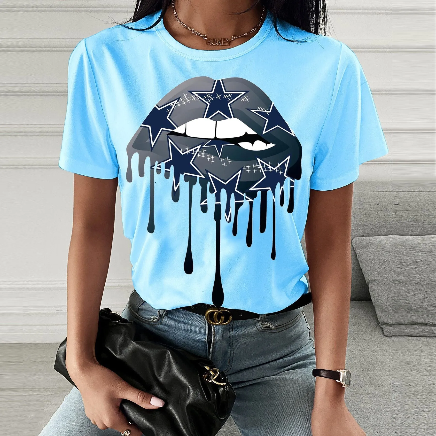 Fashion  spring and summer lip printing short-sleeved T-shirt