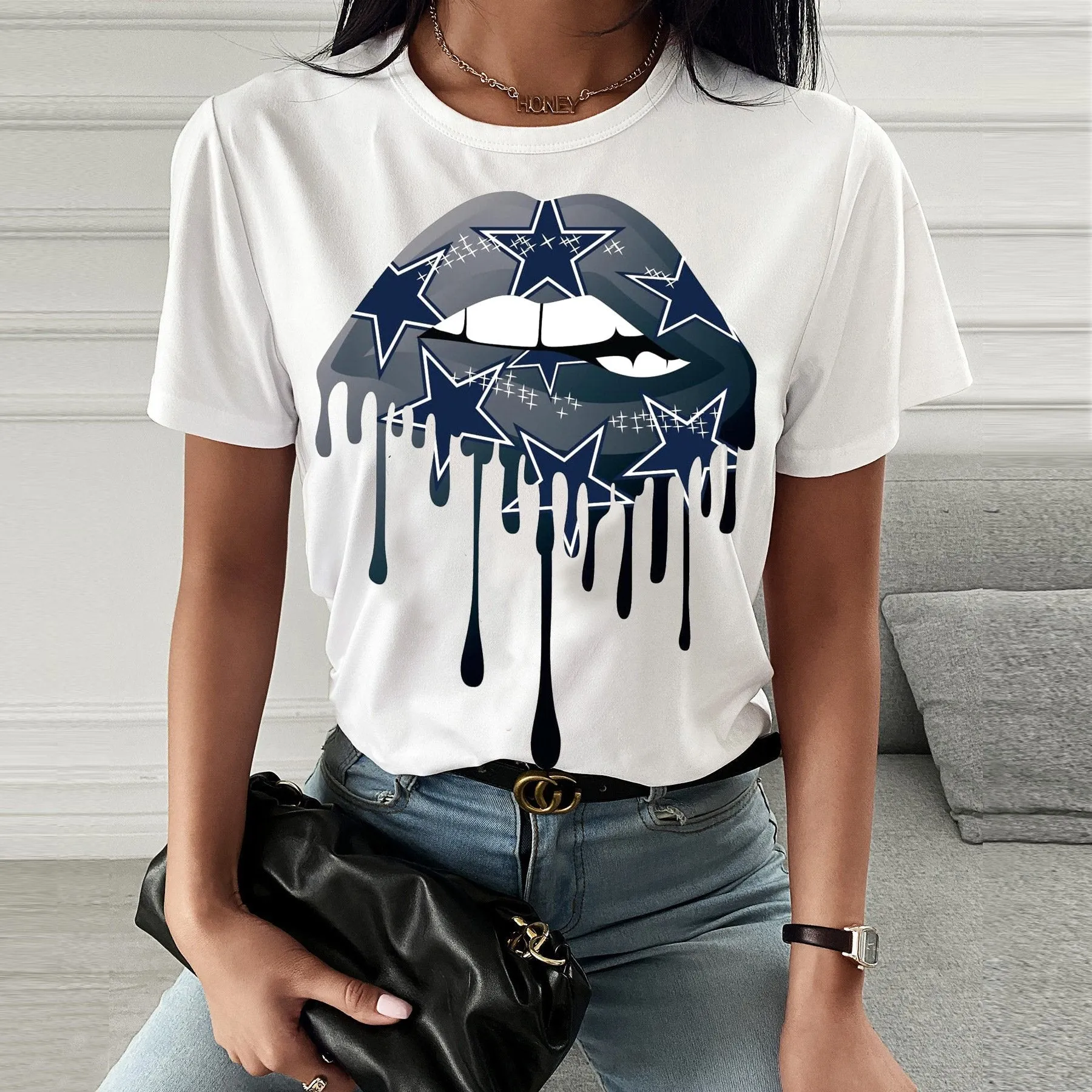 Fashion  spring and summer lip printing short-sleeved T-shirt