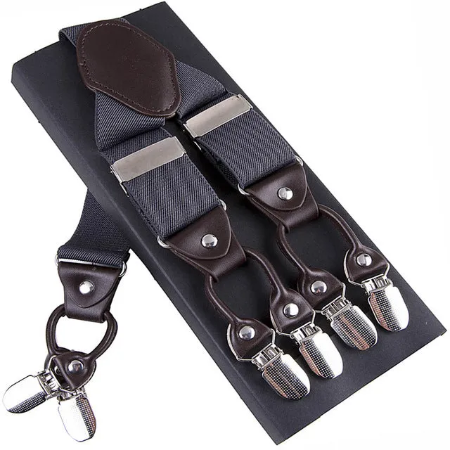 Fashion Suspenders leather alloy 6 clips Braces Male Vintage Casual  suspensorio Trousers Strap Father/Husband's Gift 3.5*120cm