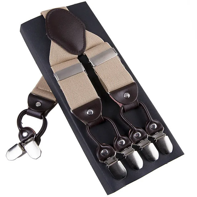 Fashion Suspenders leather alloy 6 clips Braces Male Vintage Casual  suspensorio Trousers Strap Father/Husband's Gift 3.5*120cm