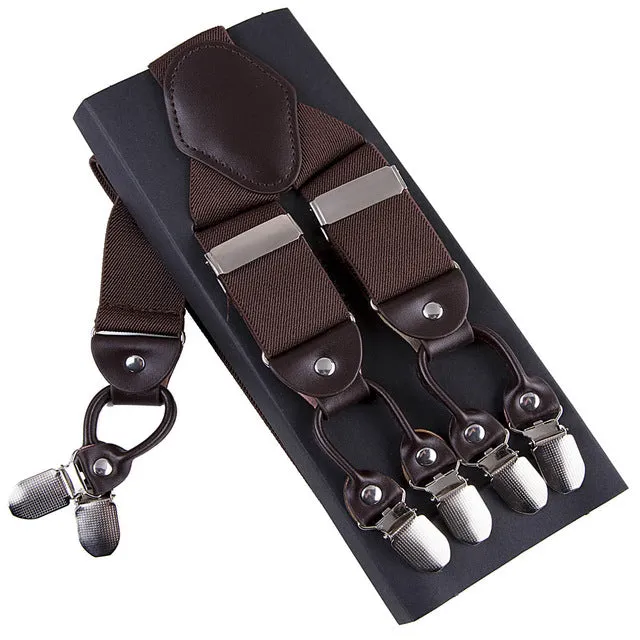 Fashion Suspenders leather alloy 6 clips Braces Male Vintage Casual  suspensorio Trousers Strap Father/Husband's Gift 3.5*120cm