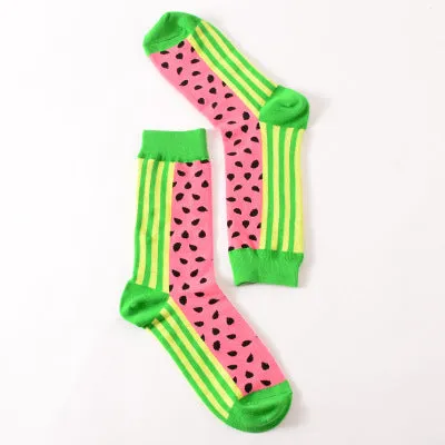 Foot 22-27cm Crew Socks Watermelon Noodle Stars Racket Table Ball Bat Cloud Spray Astronaut Hot Dog Corn Fun Happy Funny Cotton