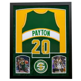 Gary Payton Signed Seattle Green Custom Suede Matte Framed Basketball Jersey