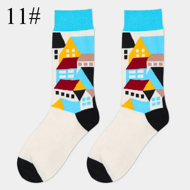 High Quality 1 Pair of Spring Summer Men Colored Striped Cotton Socks Art Jacquard Socks Hit Color Long Dot Happy Socks