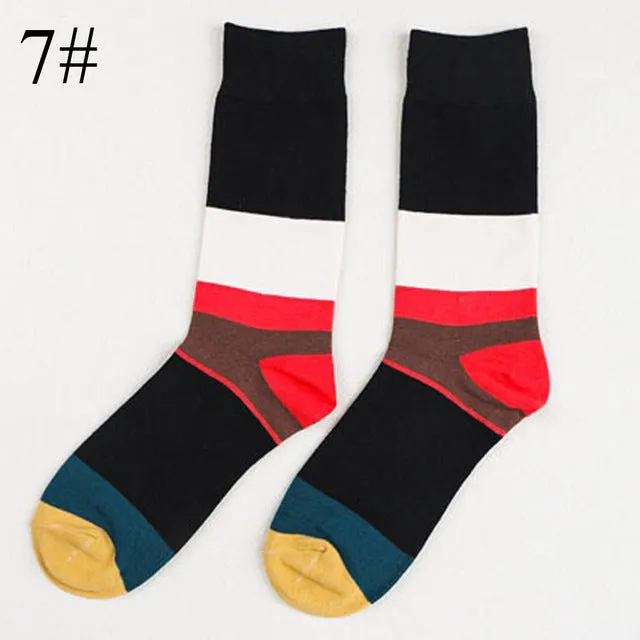 High Quality 1 Pair of Spring Summer Men Colored Striped Cotton Socks Art Jacquard Socks Hit Color Long Dot Happy Socks