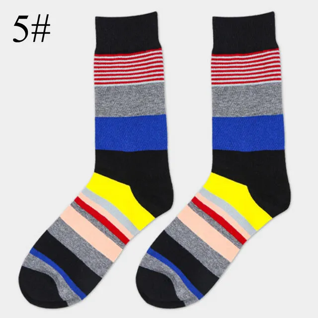 High Quality 1 Pair of Spring Summer Men Colored Striped Cotton Socks Art Jacquard Socks Hit Color Long Dot Happy Socks