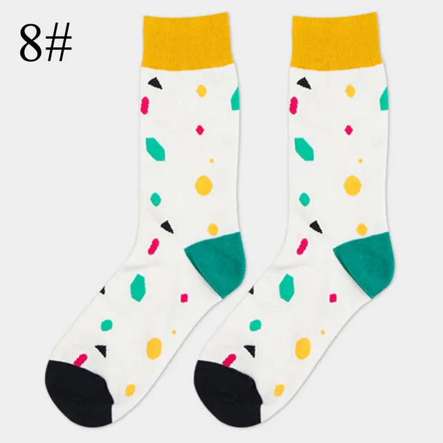 High Quality 1 Pair of Spring Summer Men Colored Striped Cotton Socks Art Jacquard Socks Hit Color Long Dot Happy Socks