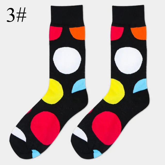 High Quality 1 Pair of Spring Summer Men Colored Striped Cotton Socks Art Jacquard Socks Hit Color Long Dot Happy Socks