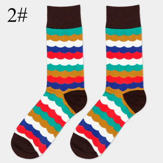 High Quality 1 Pair of Spring Summer Men Colored Striped Cotton Socks Art Jacquard Socks Hit Color Long Dot Happy Socks