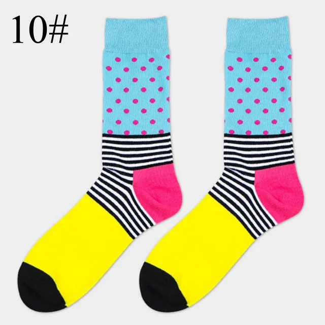 High Quality 1 Pair of Spring Summer Men Colored Striped Cotton Socks Art Jacquard Socks Hit Color Long Dot Happy Socks