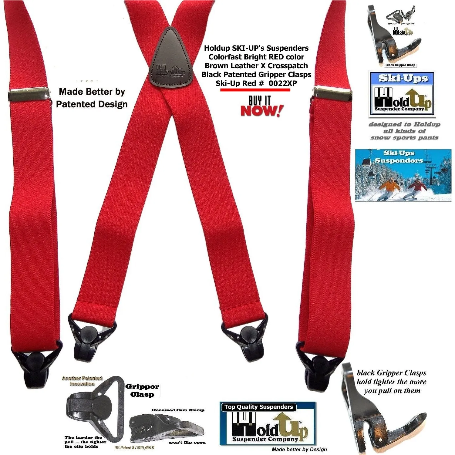 Hold-Ups Red Snow Ski Suspenders, USA Patented Gripper Clasps X-Back 1 1/2" wide