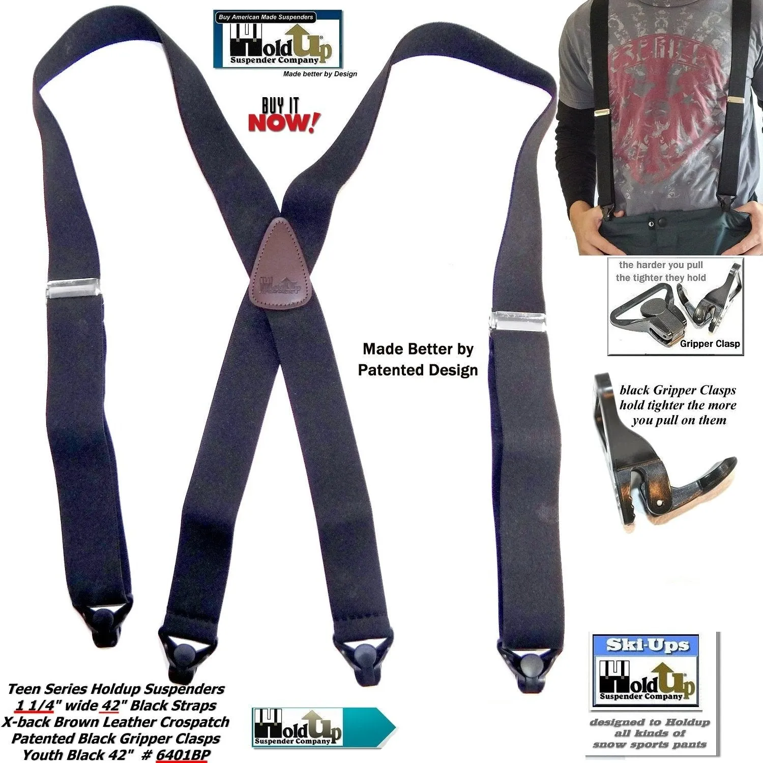 Holdup Black 42" Teen size Black Ski-Ups X-back Suspenders with USA Patented Gripper Clasps