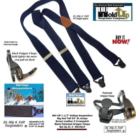 Holdup Brand XL Black Snow Ski-Ups Suspenders 1 1/2" wide with a USA Patented Gripper Clasps X-back