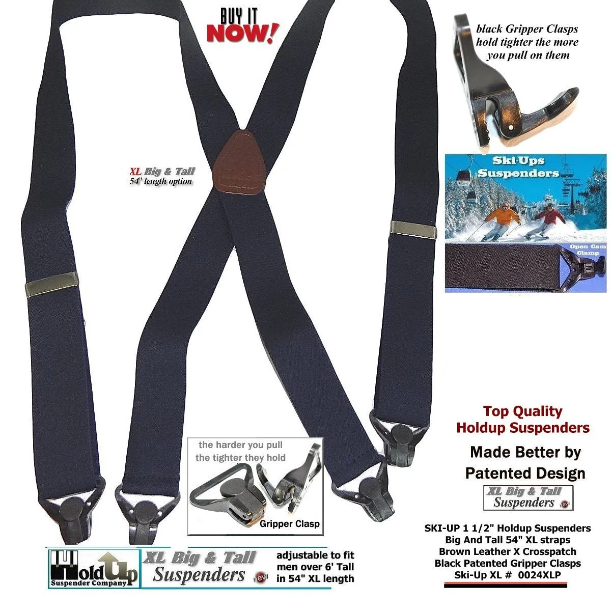 Holdup Brand XL Black Snow Ski-Ups Suspenders 1 1/2" wide with a USA Patented Gripper Clasps X-back