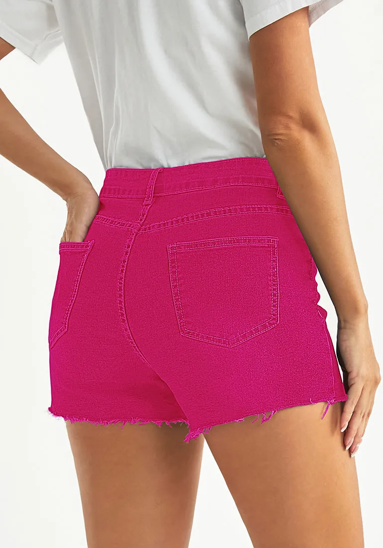 Hot Pink Women's High Waisted Distressed Denim Jeans Shorts Ripped Raw Hem Jean Shorts