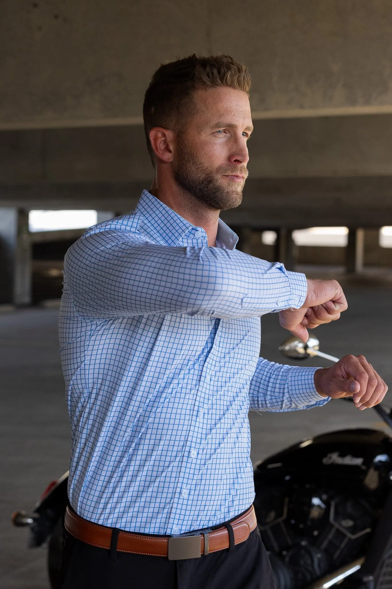 Hustle Sport Shirt - Long Sleeve - Double Blue Mini Grid