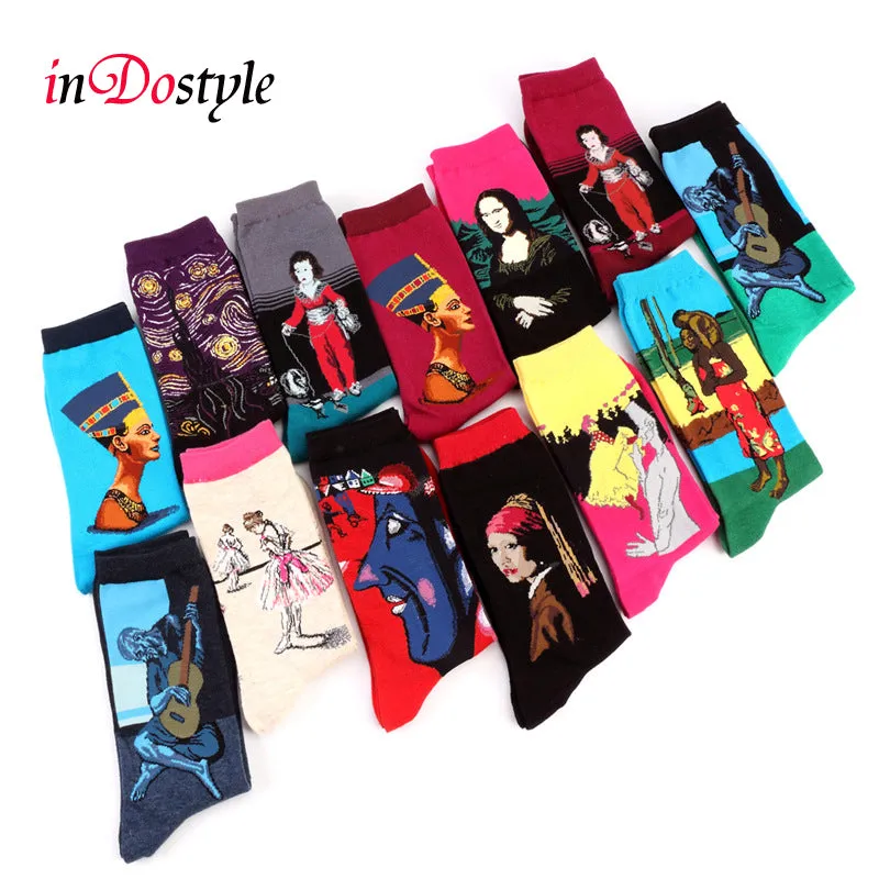 inDostyle harajuku Europe USA Washington starry night Venus Scream male Cupid Retro Art Oil Painting  Cotton women Men's Socks