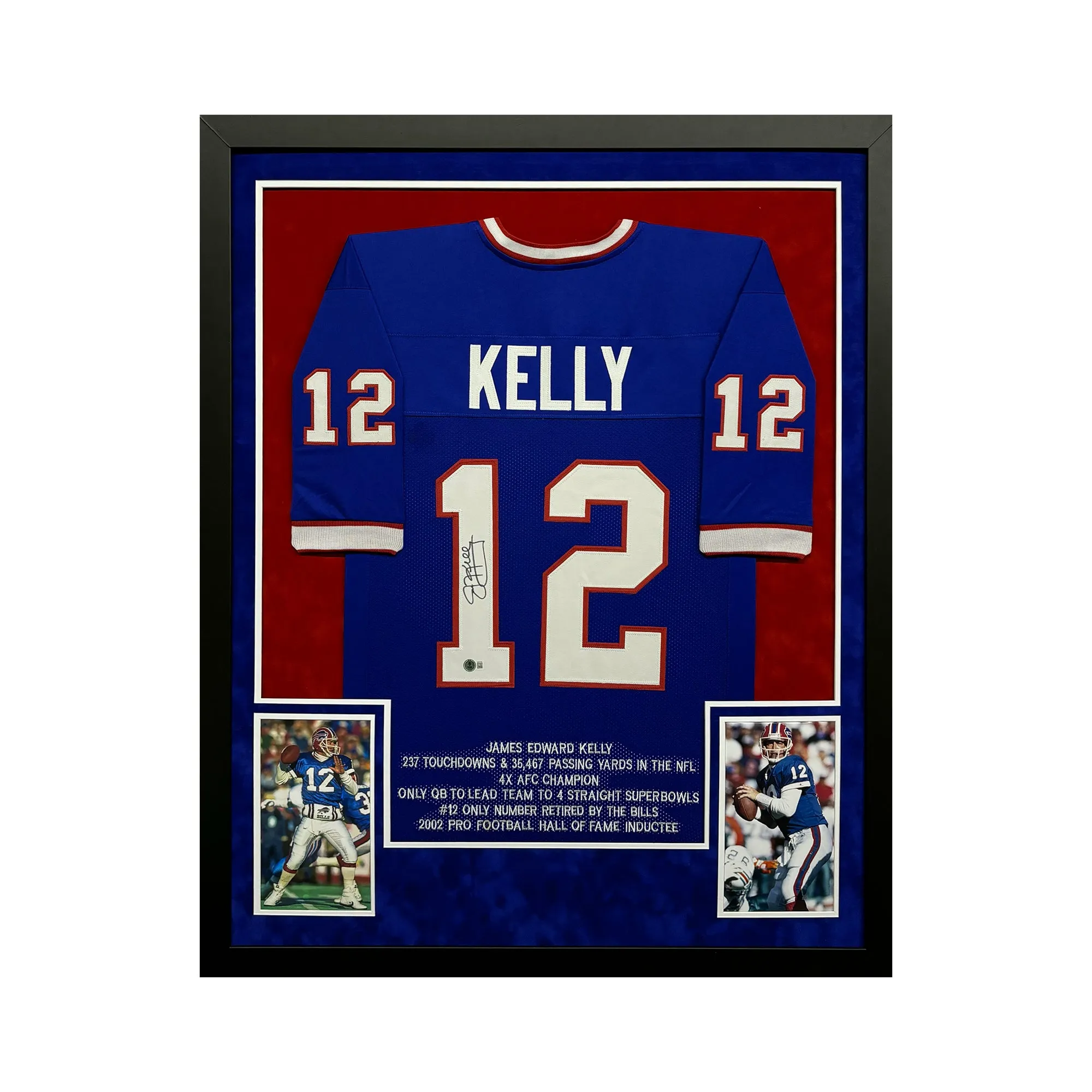 Jim Kelly Signed Buffalo Blue Stat Custom Suede Matte Framed Football Jersey