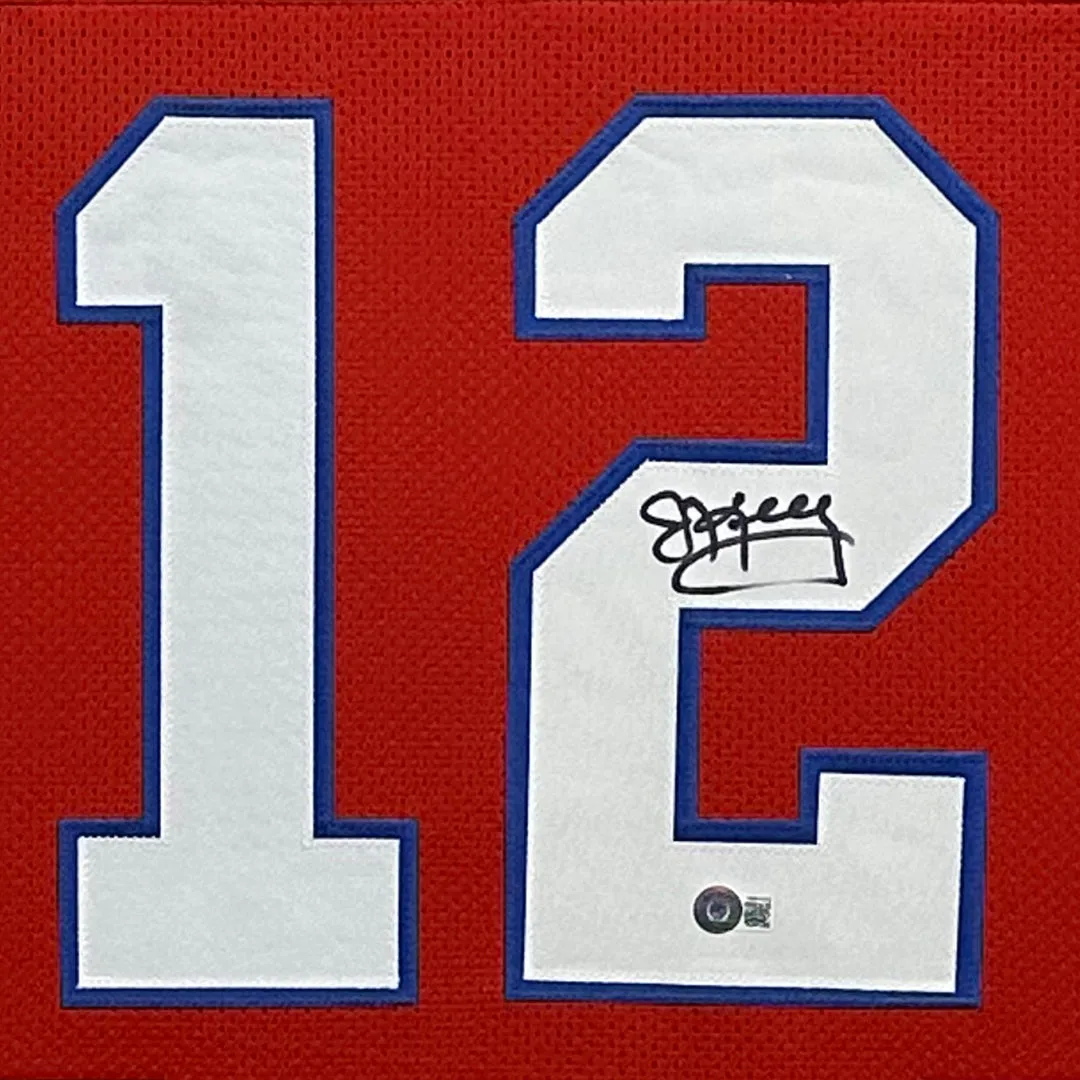 Jim Kelly Signed Red Custom Suede Matte Framed Football Jersey