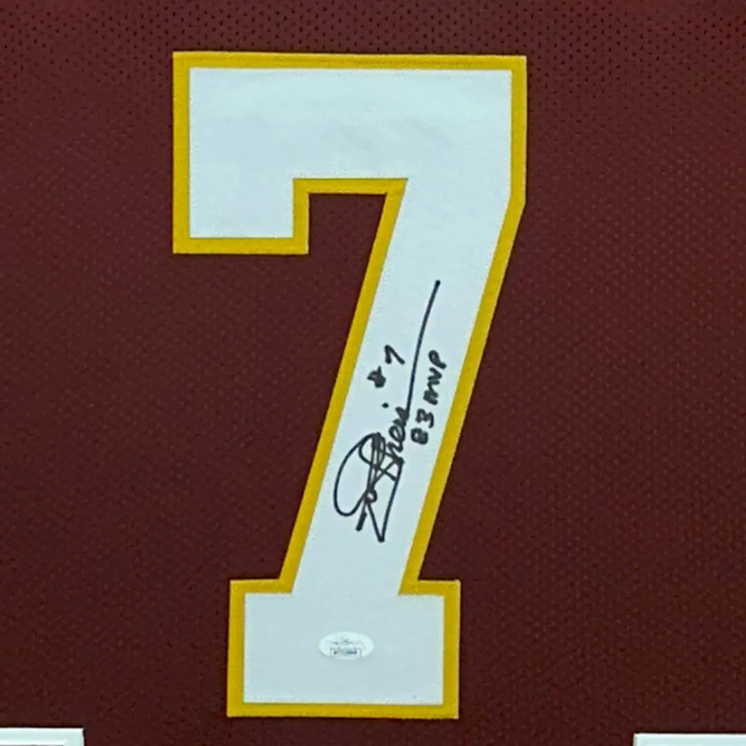 Joe Theismann Signed 83 MVP Washington Red Custom Double-Suede Framed football Jersey (JSA)