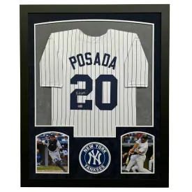 Jorge Posada Signed New York Pinstripe Custom Suede Matte Framed Baseball Jersey