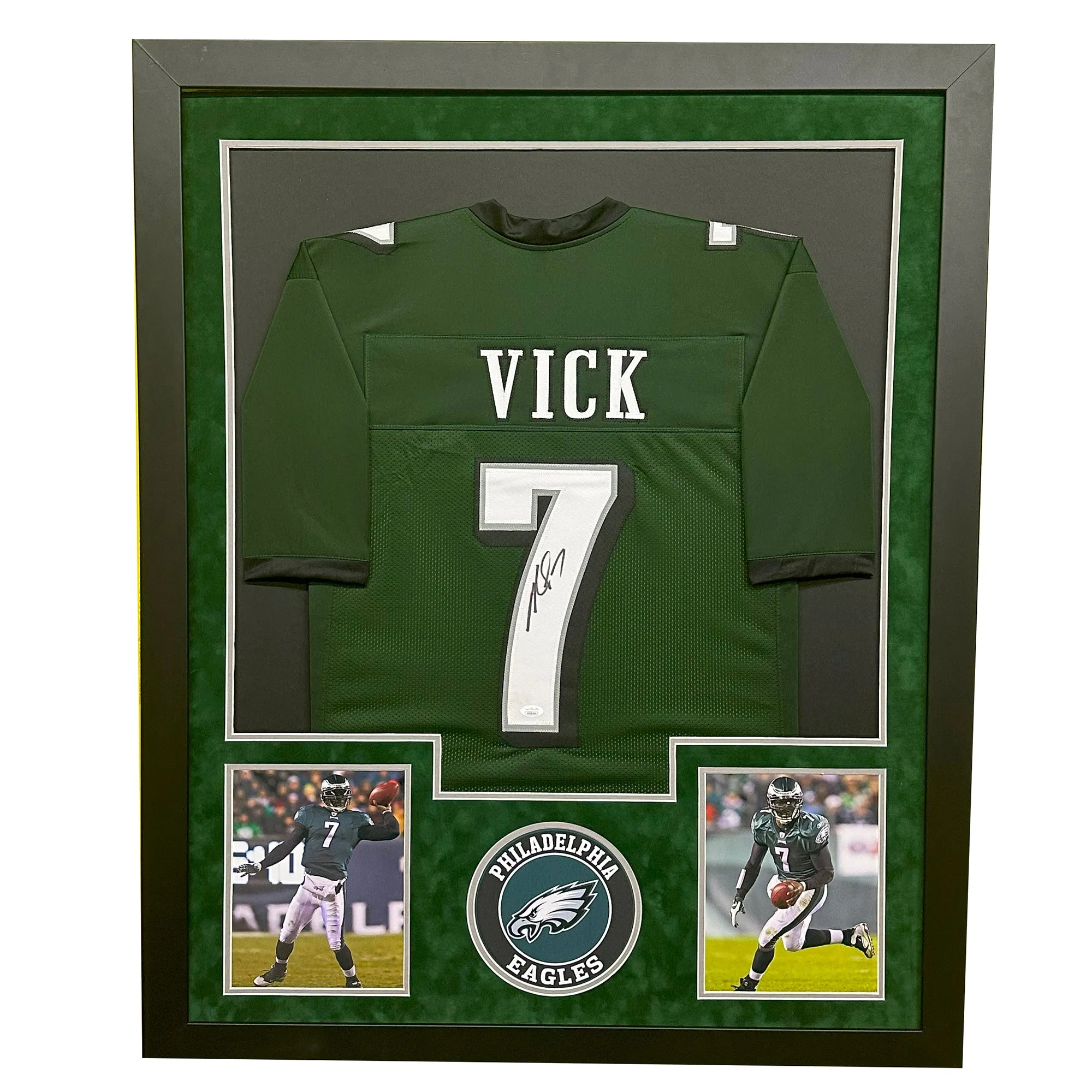 Michael Vick Signed Philadelphia Green Custom Double-Suede Framed football Jersey (JSA)