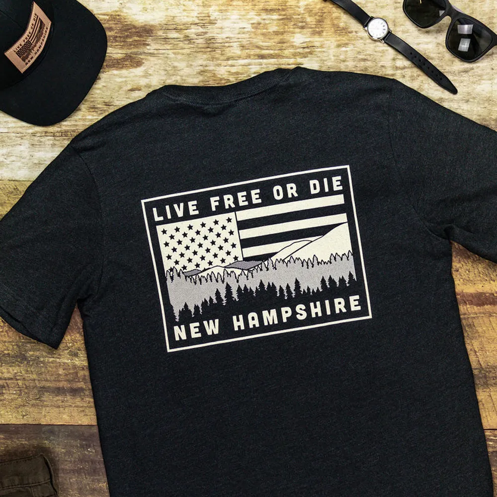 NH Mountains & Flag T-shirt- Black Heather