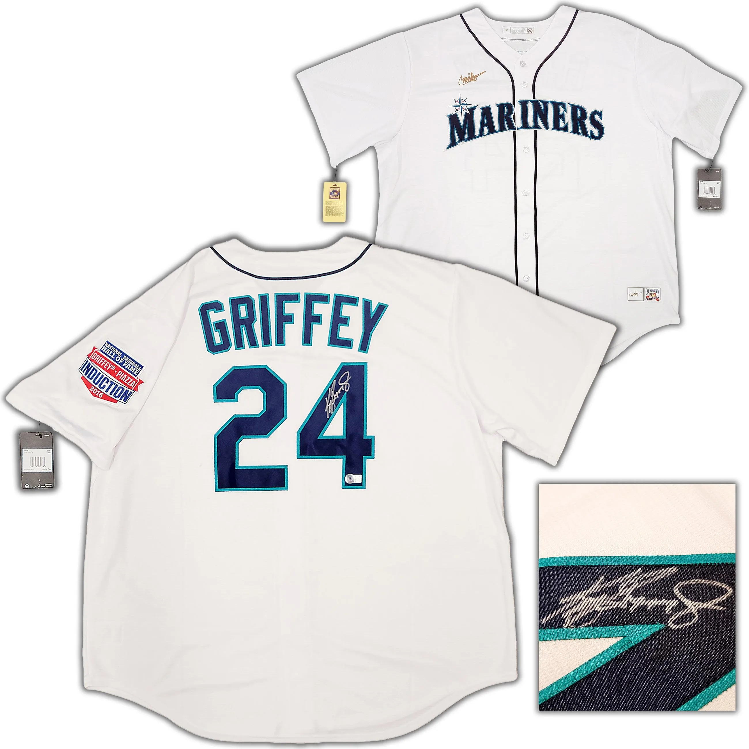 Seattle Mariners Ken Griffey Jr. Autographed White Nike Cooperstown Edition Jersey HOF Patch Size XXL Beckett BAS QR Stock #206025