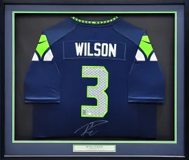 Seattle Seahawks Russell Wilson Autographed Framed Blue Nike Jersey RW Holo & Beckett BAS Stock #210143