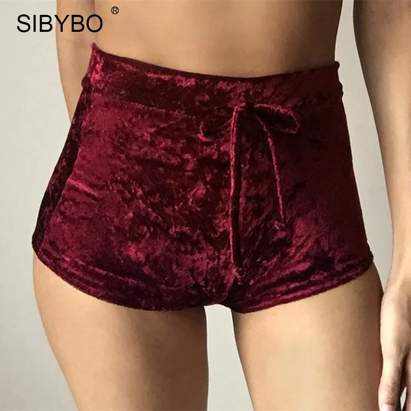 Sibybo Sexy Velvet Women Shorts 2017 6 Colors New Fashion High Waist Lace Up shorts Autumn Winter Mini Skinny Shorts