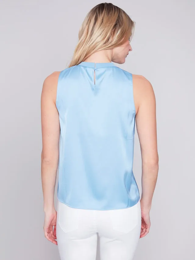 Sleeveless Satin Top w/Rib Neckband - Sky