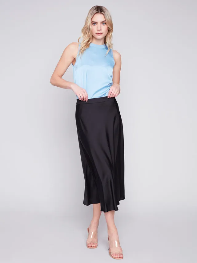 Sleeveless Satin Top w/Rib Neckband - Sky