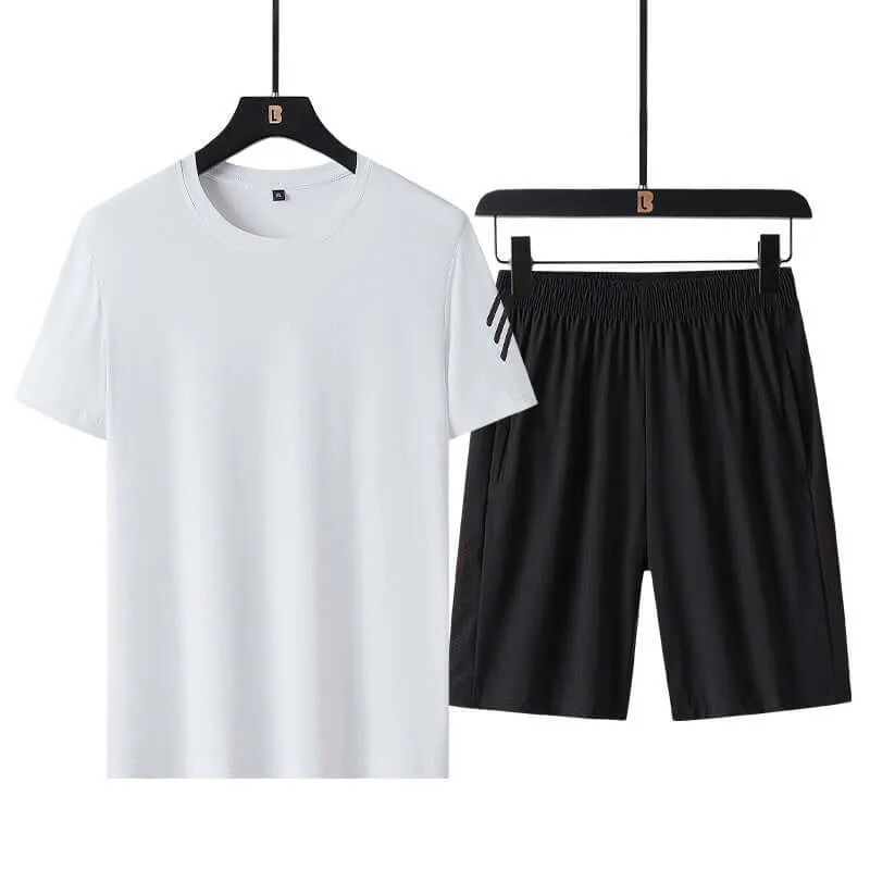 Sports set men's casual summer thin ice silk short sleeve shorts two-piece trend running sportswear men's clothing